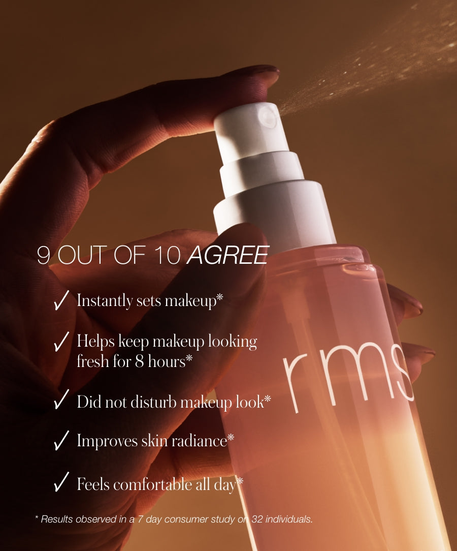 Hand holding a bottle of Radiance Lock Setting Mist with a fine mist spray visible, highlighting features such as instantly setting makeup, keeping makeup fresh for 8 hours, not disturbing makeup look, improving skin radiance, and feeling comfortable all day.