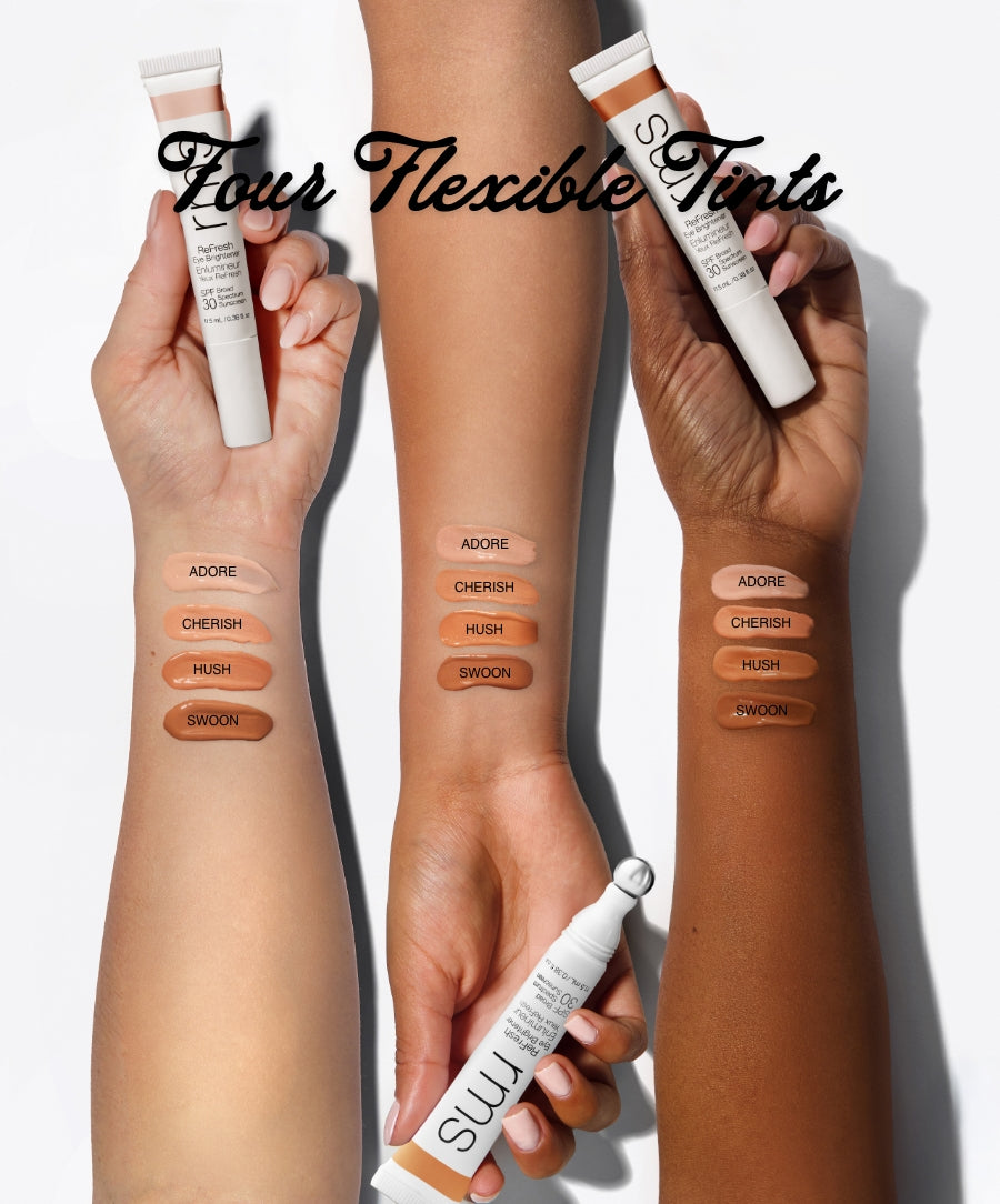 Three diverse skin tones showing swatches of four shades labeled Adore, Cherish, Hush, and Swoon from ReFresh Eye Brightener Broad Spectrum SPF 30 + Correcting Tint held in hands above and below the arms.
