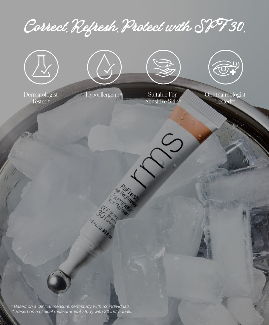 Tube of ReFresh Eye Brightener Broad Spectrum SPF 30 + Correcting Tint resting on ice cubes, highlighting its dermatologist tested, hypoallergenic, suitable for sensitive skin, and ophthalmologist tested qualities.
