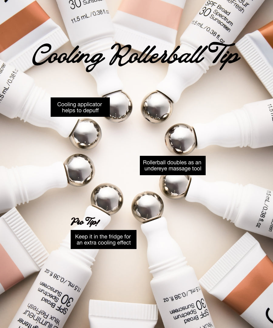 Multiple tubes of ReFresh Eye Brightener Broad Spectrum SPF 30 + Correcting Tint arranged in a circle showing their metallic cooling rollerball tips designed to depuff and massage under the eyes.