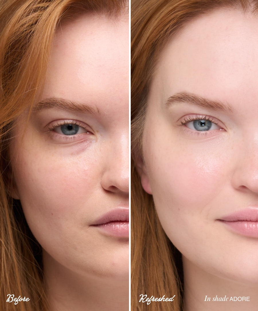 Before and after comparison showing visible reduction in under-eye darkness and brightened skin using ReFresh Eye Brightener Broad Spectrum SPF 30 + Correcting Tint in shade Adore on fair skin.