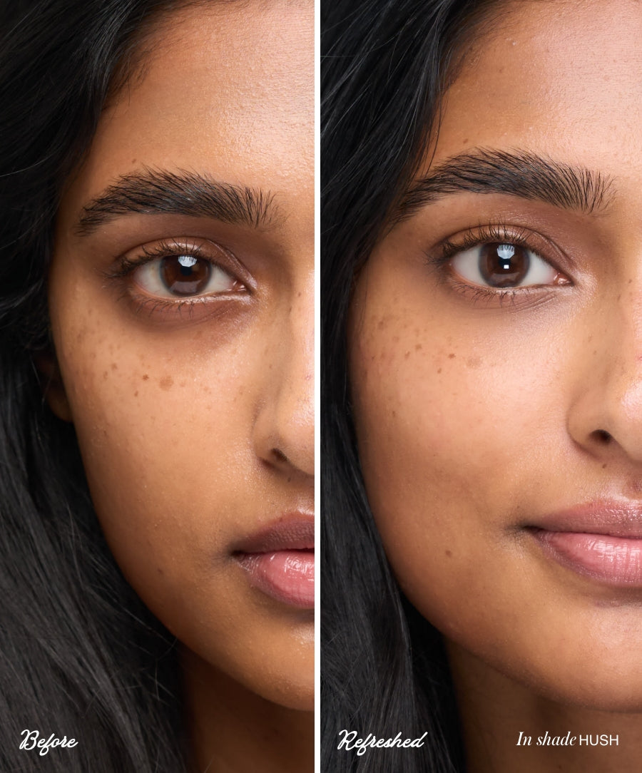 Close-up comparison of a woman’s face before and after applying ReFresh Eye Brightener Broad Spectrum SPF 30 + Correcting Tint, showing a brighter and more even complexion with natural ingredients and clean beauty benefits.