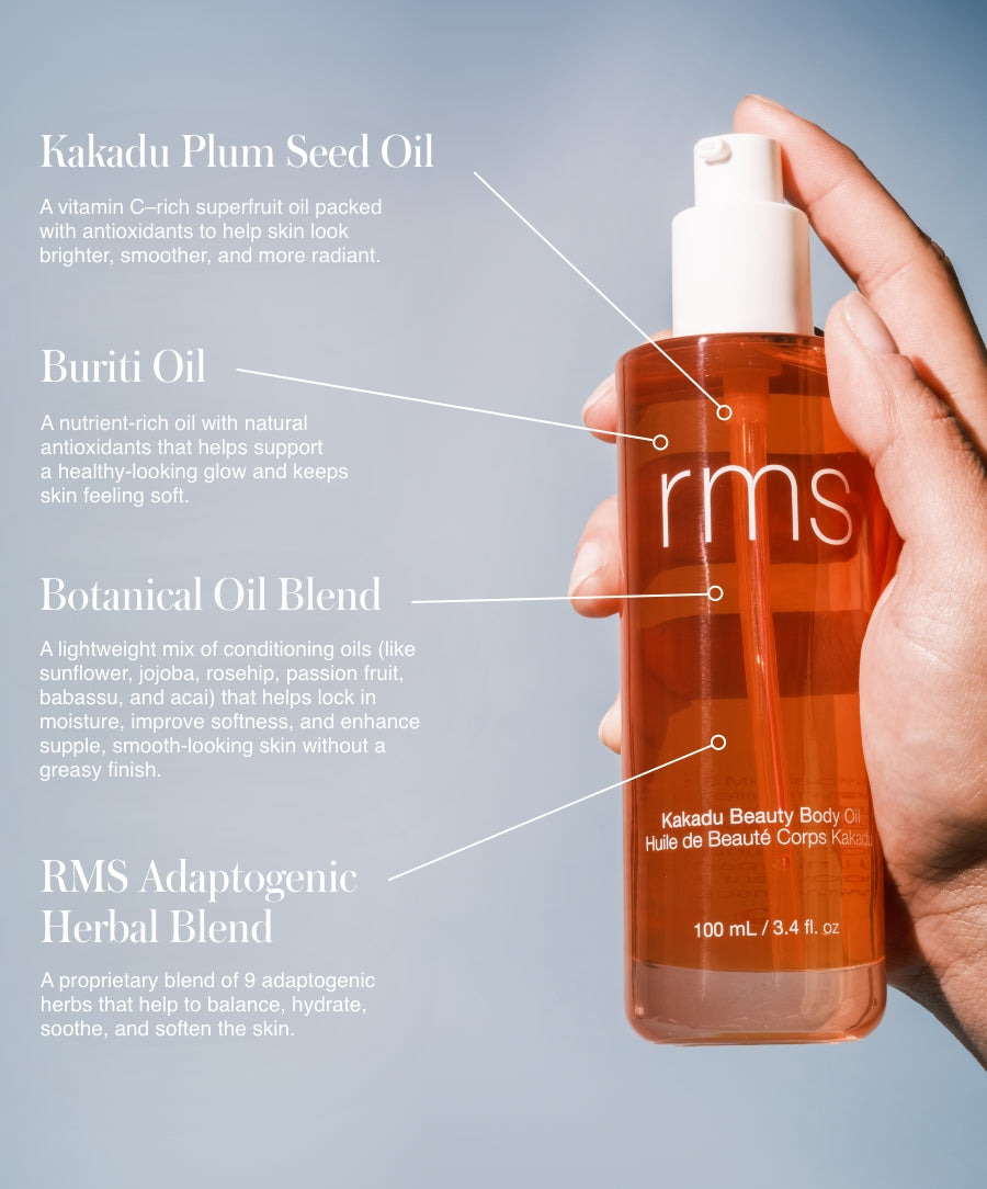 Hand holding a clear pump bottle of RMS Beauty Kakadu Beauty Body Oil with detailed text annotations highlighting ingredients such as Kakadu Plum Seed Oil, Buriti Oil, Botanical Oil Blend, and RMS Adaptogenic Herbal Blend, promoting clean beauty and natural, nourishing body care in The Radiant Body Duo.
