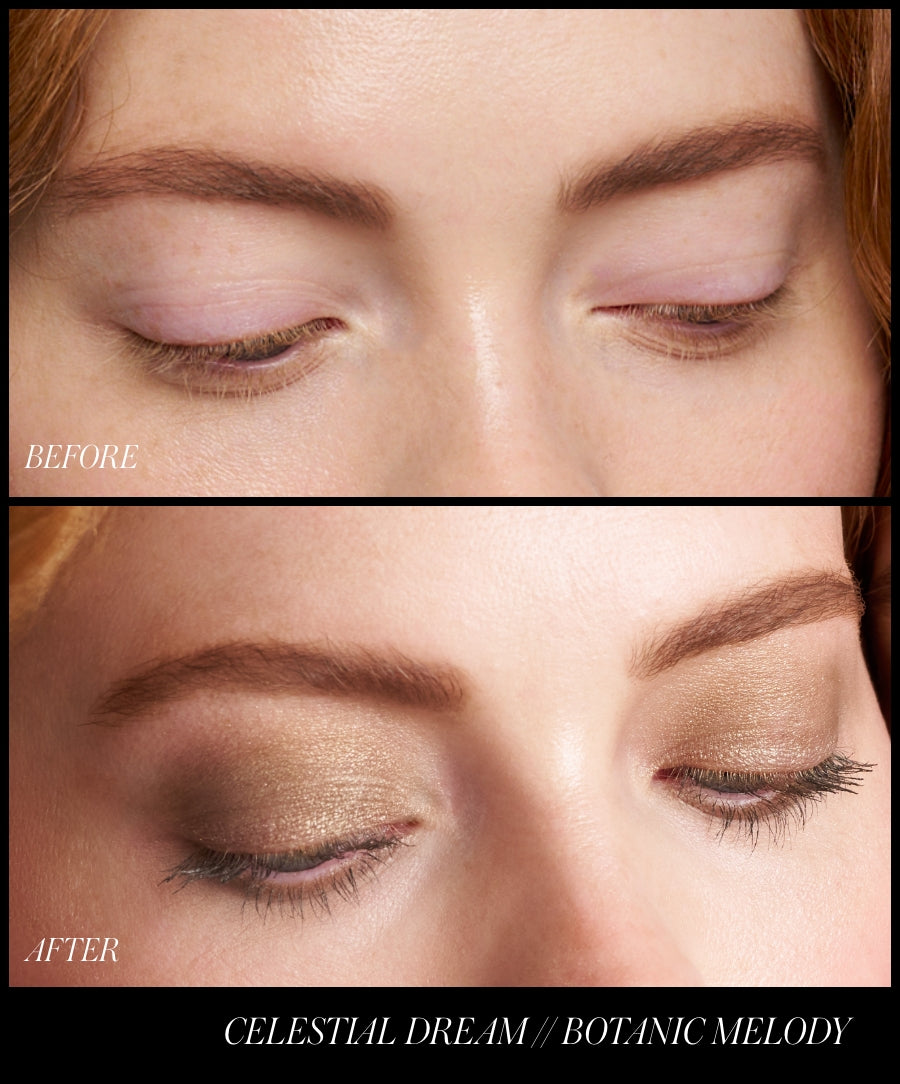 Close-up comparison of eyelids before and after applying ReDimension Hydra Eyes Quartet, showcasing natural, clean beauty eyeshadow with a soft golden shimmer and smooth finish.