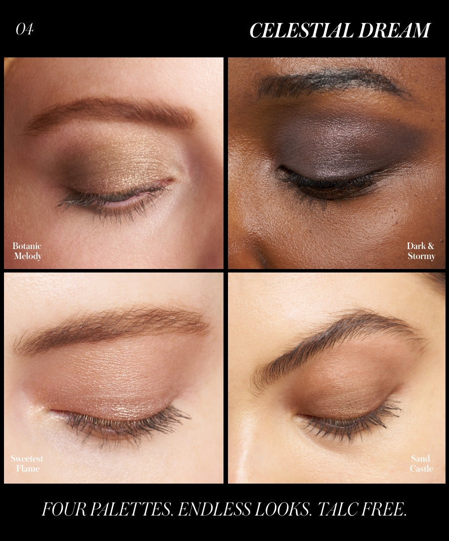 Close-up of four different eyeshadow looks showcasing shades Botanic Melody, Dark & Stormy, Sweetest Flame, and Sand Castle from the ReDimension Hydra Eyes Quartet, highlighting smooth, natural skin tones.