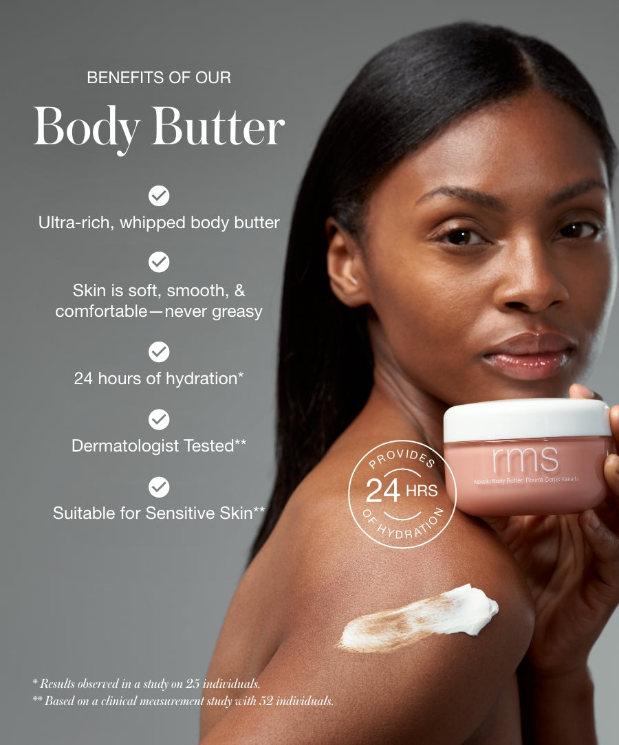 Confident woman holding a jar of The Radiant Body Duo body butter with creamy texture on her shoulder, highlighting ultra-rich, whipped formula that provides 24-hour hydration and is suitable for sensitive skin.