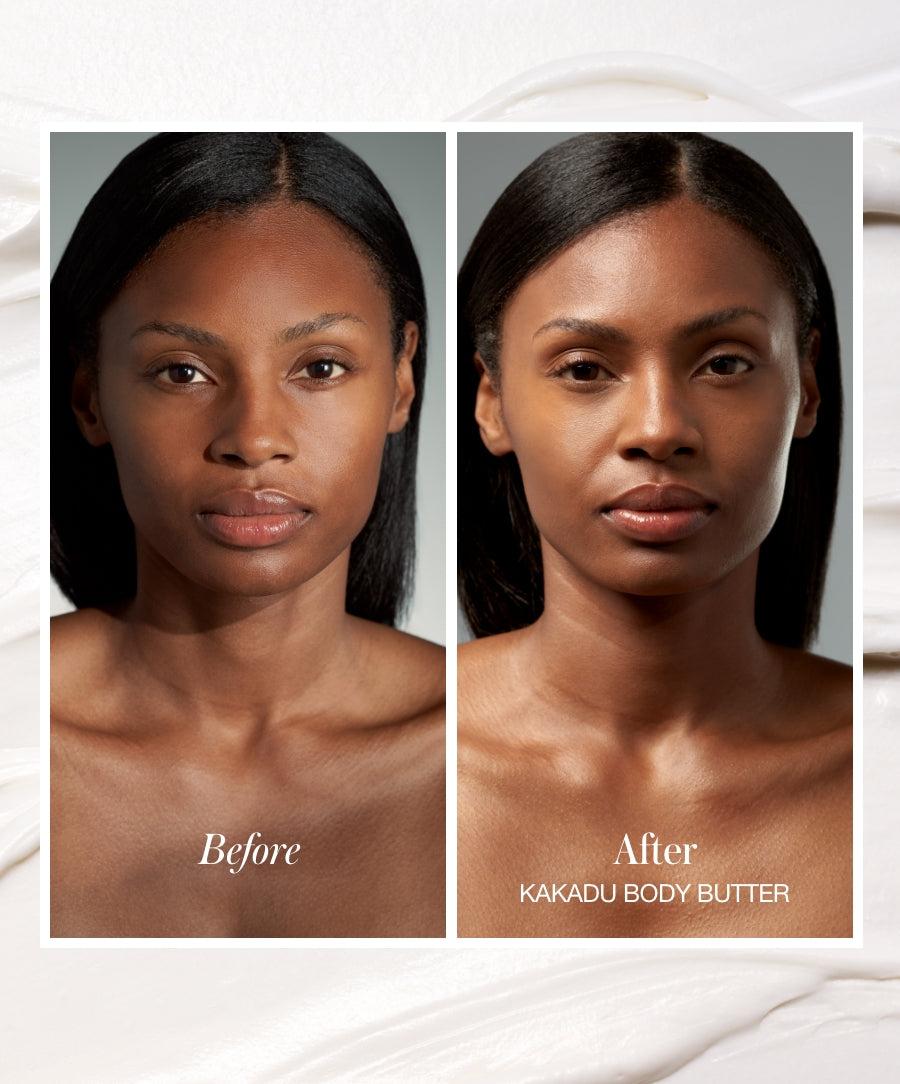 Before and after comparison of a woman’s face showcasing the moisturizing and nourishing effects of Kakadu Body Butter on her skin.