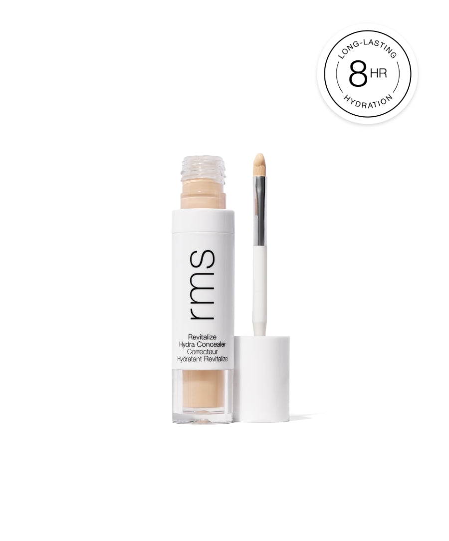 Revitalize Hydra Concealer by RMS Beauty shown with applicator, highlighting clean beauty and long-lasting 8-hour hydration in sustainable packaging.