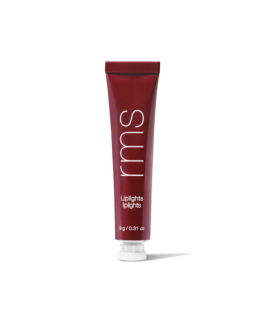 Tube of RMS Beauty Liplights Cream Lip Gloss in deep red shade with clean, cruelty free makeup formula and recyclable packaging.