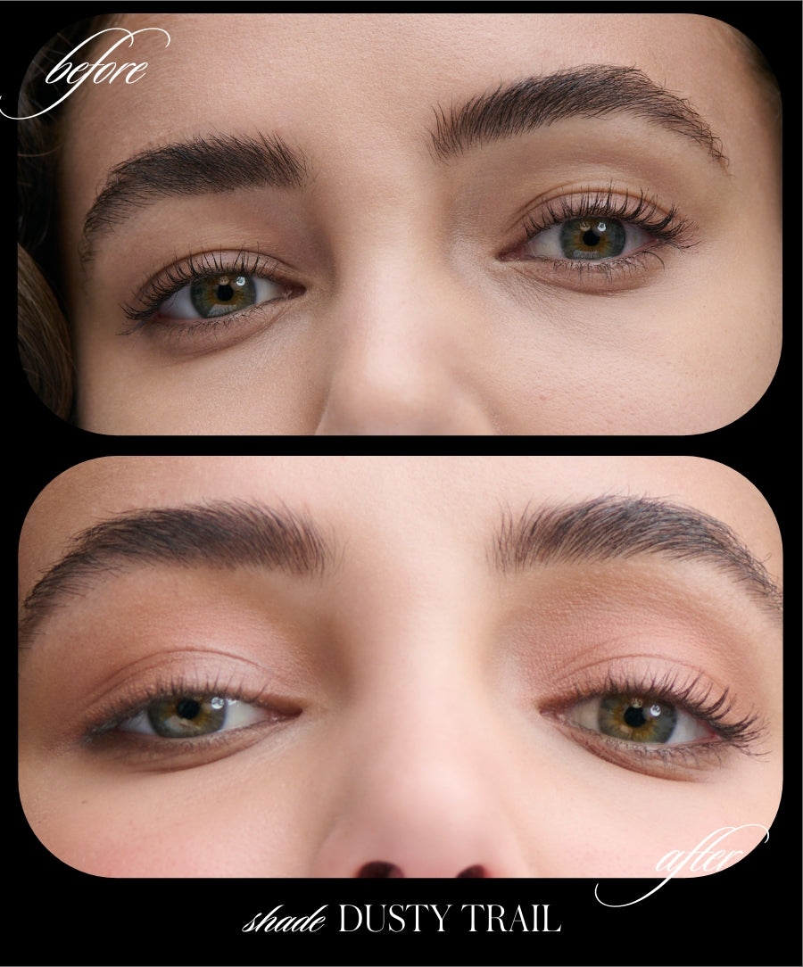 Close-up comparison of eyes before and after applying Cashmere Matte Eyelights in a soft dusty trail shade, showcasing natural, clean beauty makeup with a matte finish.