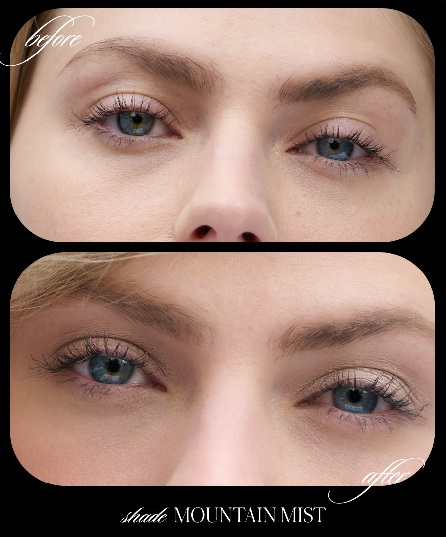 Close-up comparison of a person's eyes before and after applying Cashmere Matte Eyelights in the Mountain Mist shade, highlighting natural-looking, clean beauty makeup with subtle enhancement.