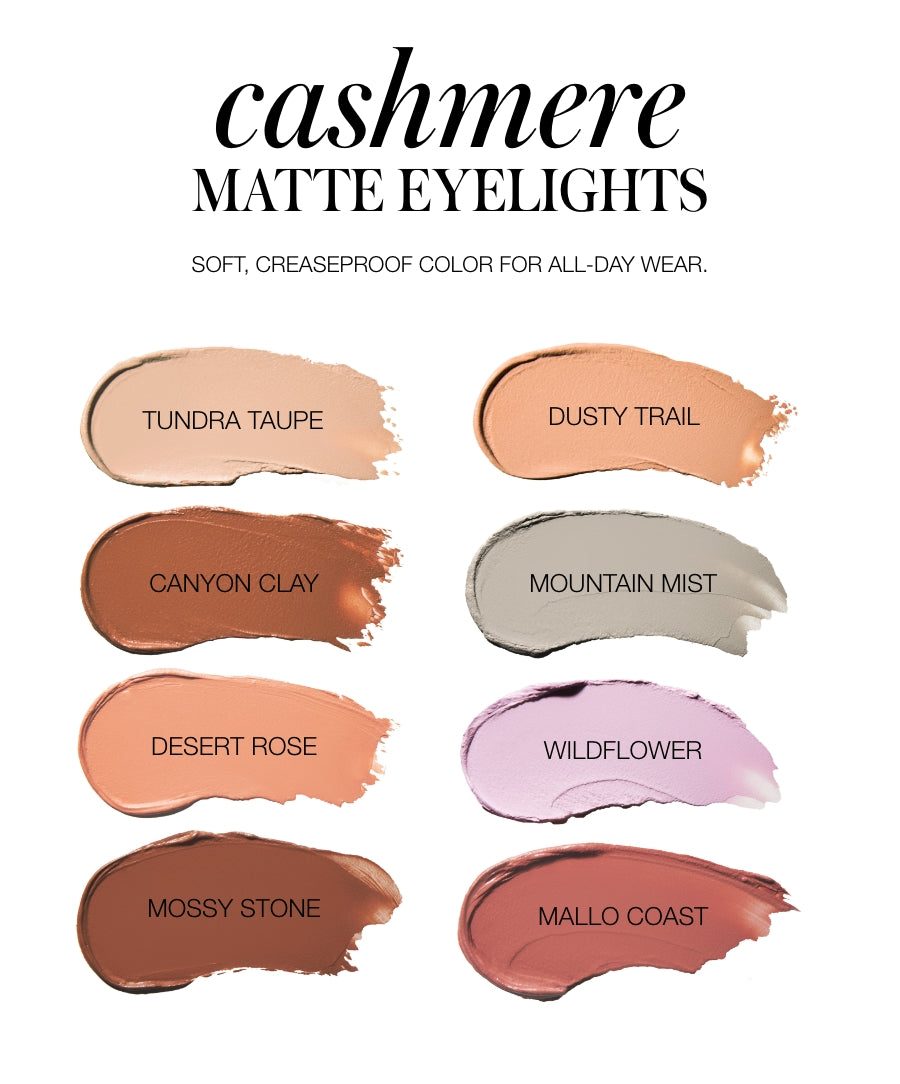 Swatches of Cashmere Matte Eyelights eyeshadow shades in soft, matte neutral tones including taupe, clay, rose, stone, trail, mist, wildflower, and coast for all-day creaseproof wear.