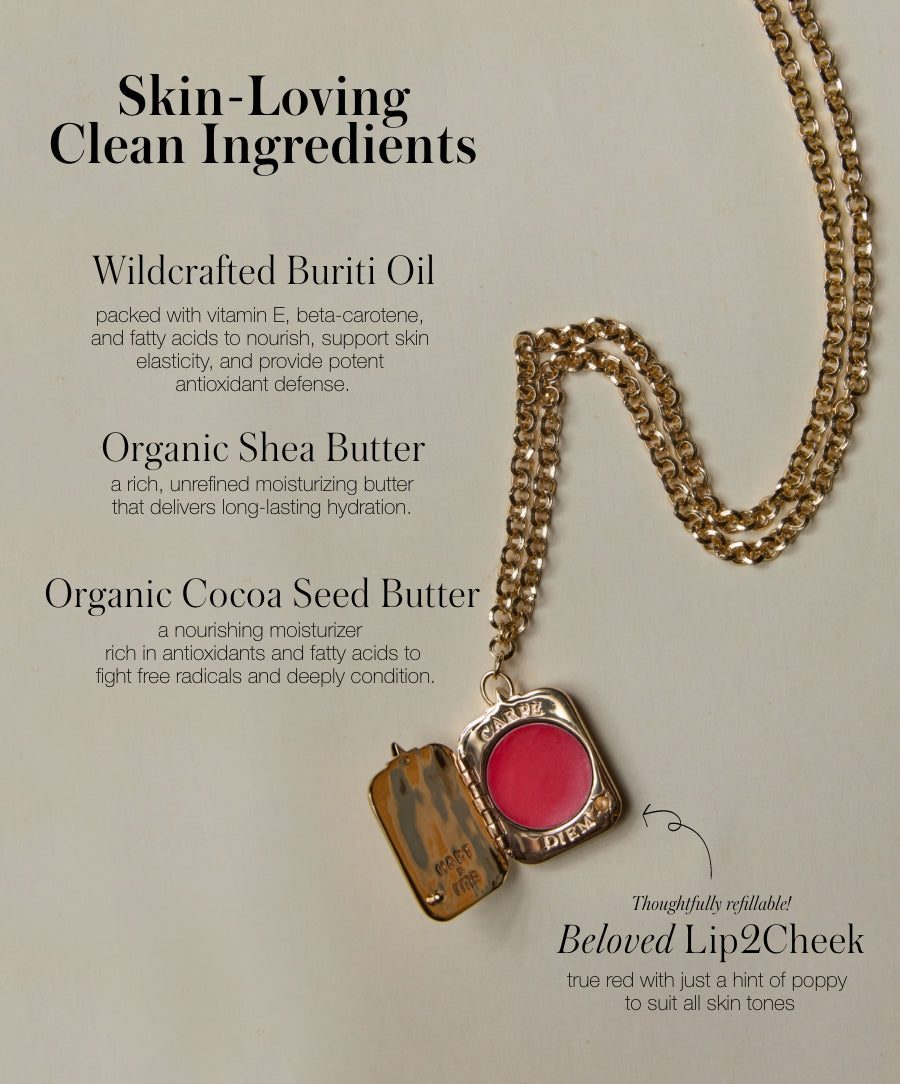 HART x RMS: Lip2Cheek Locket featuring a gold chain necklace with a refillable true red lip and cheek balm, highlighting clean beauty ingredients like wildcrafted buriti oil, organic shea butter, and organic cocoa seed butter.