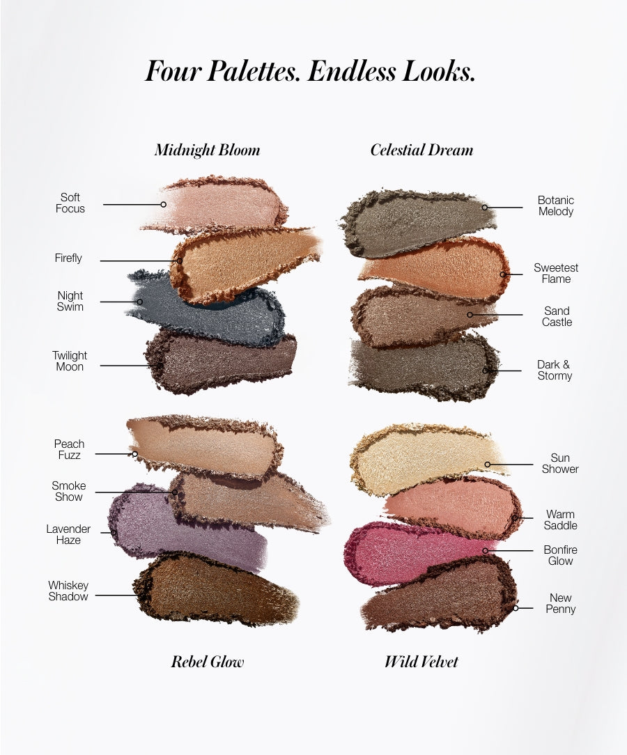 ReDimension Hydra Eyes Quartet showing four eyeshadow palettes with labeled swatches in neutral, warm, cool, and smoky shades for versatile clean beauty makeup looks.