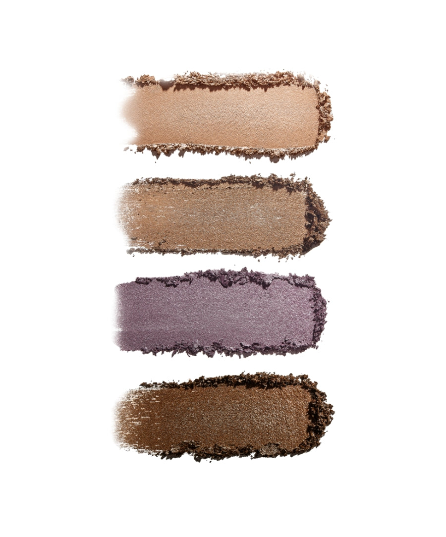 Four swatches of eyeshadow in neutral beige, warm brown, muted purple, and deep brown shades arranged vertically, showcasing the ReDimension Hydra Eyes Quartet with a smooth, creamy texture.