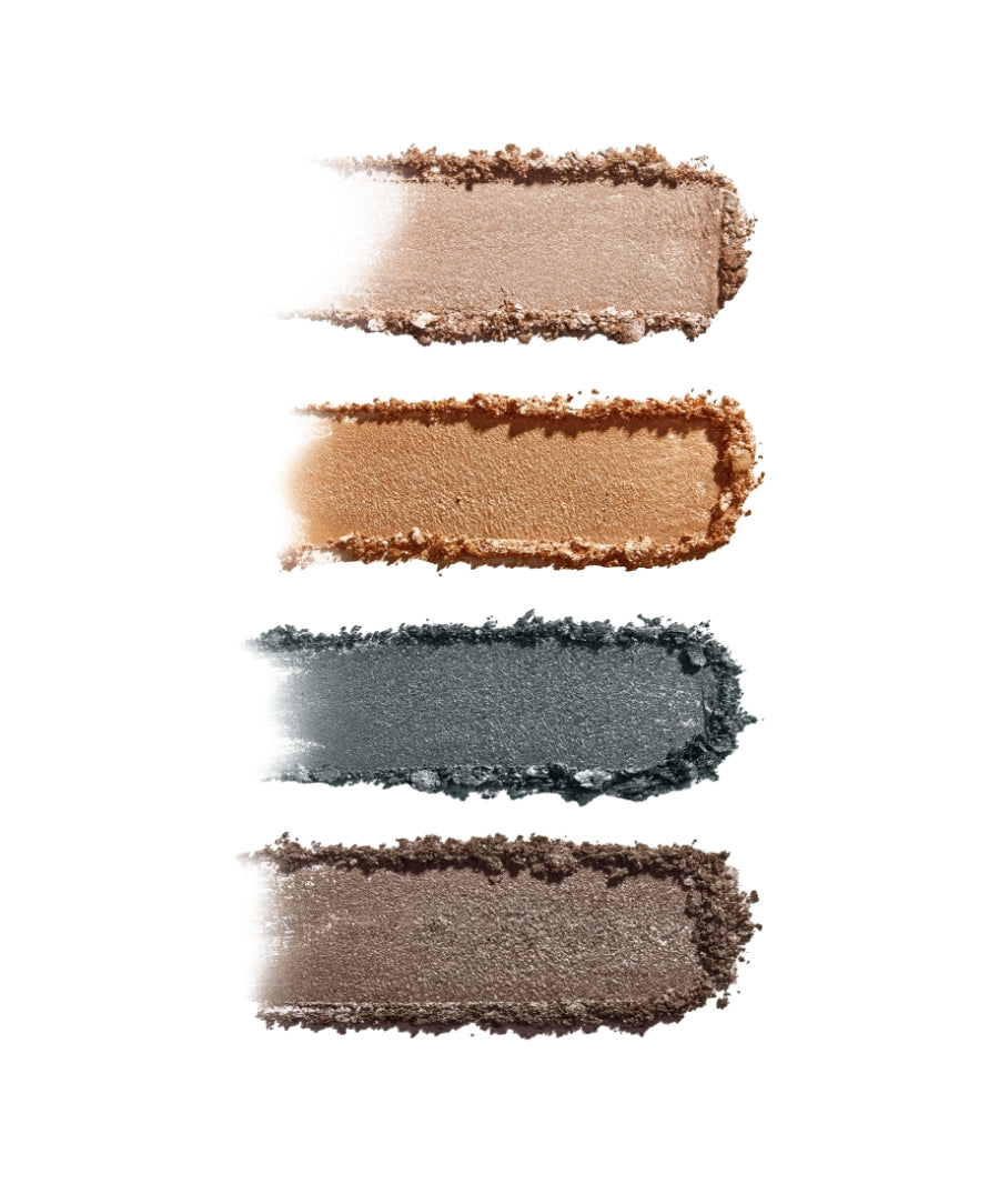 Swatches of four shimmering eyeshadow shades in neutral and deep tones from the ReDimension Hydra Eyes Quartet, showcasing smooth, creamy texture and natural ingredients.