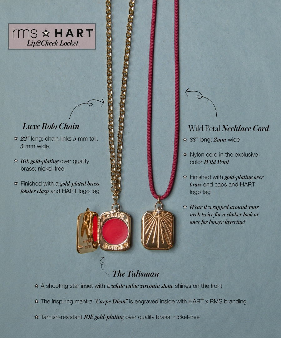 Close-up of two HART x RMS: Lip2Cheek Locket necklaces, one with a gold-plated luxe rolo chain and the other with a burgundy wild petal necklace cord, featuring a gold-plated locket with vibrant lip and cheek color inside.
