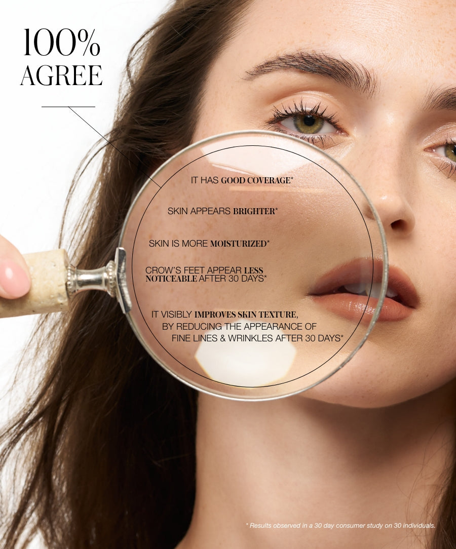 Close-up of a woman holding a magnifying glass highlighting consumer claims about Revitalize Hydra Concealer’s good coverage, brighter skin, increased moisture, reduced crow’s feet, and improved skin texture after 30 days.