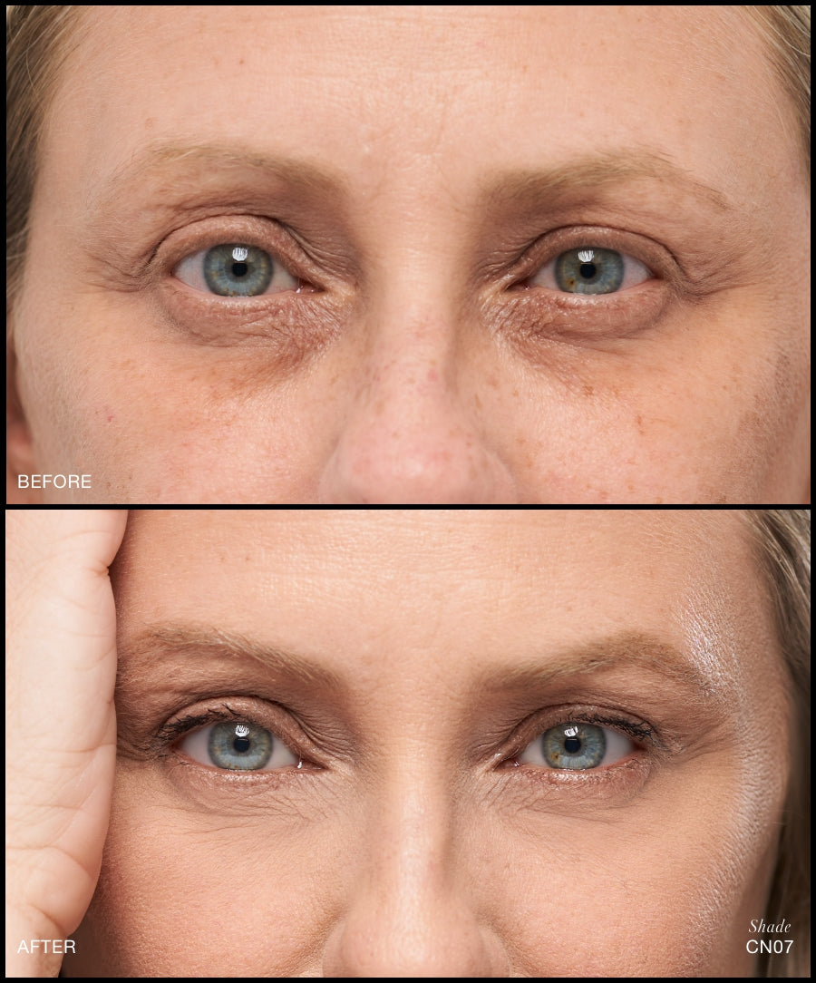 Close-up comparison of a woman's under-eye area before and after using Revitalize Hydra Concealer in shade CN07, showing reduced dark circles and smoother skin texture with clean beauty and natural ingredients.