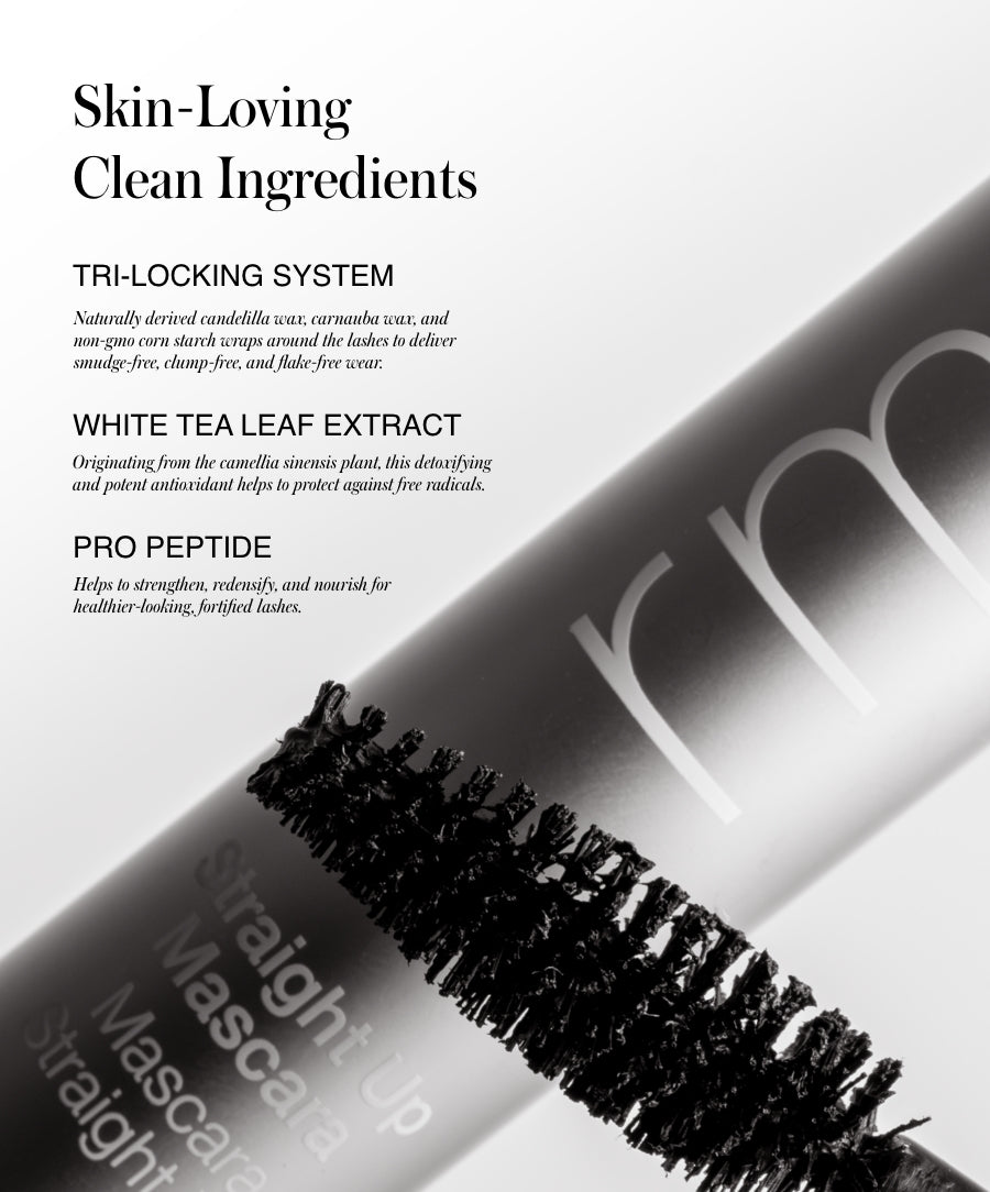 Close-up of a mascara wand highlighting the clean, skin-loving ingredients including a tri-locking system, white tea leaf extract, and pro peptide, promoting healthy lashes in The Wide Awake Duo.