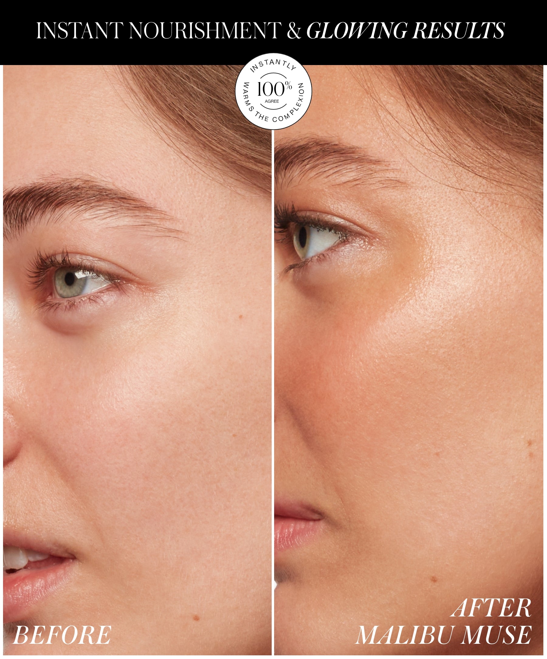Side-by-side close-up comparison of a person's cheek and eye area before and after applying ReDimension Hydra Bronzer, showing a natural, glowing, nourished skin finish.