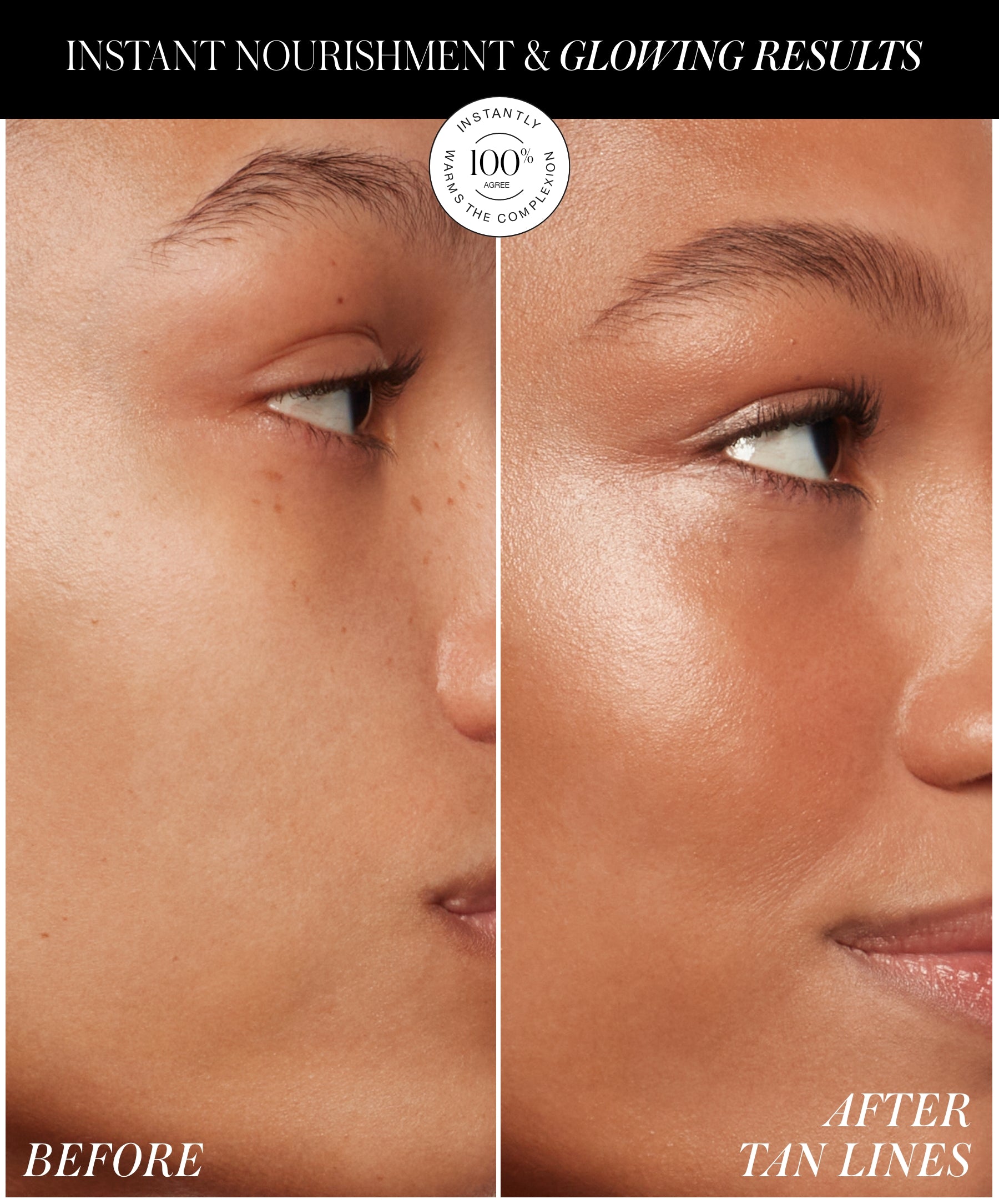 Close-up comparison of a woman's face before and after applying ReDimension Hydra Bronzer, showing smooth, radiant, and glowing skin with a natural bronzed finish.