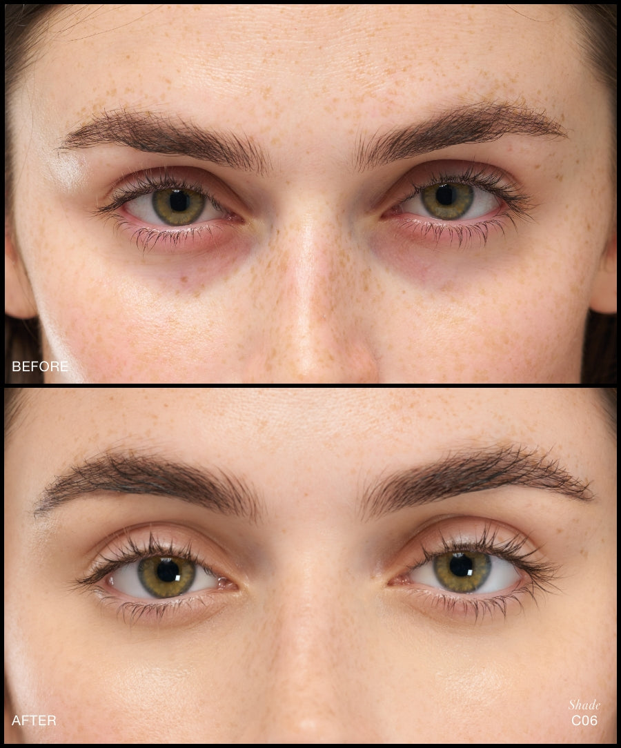 Comparison of eyes before and after applying Revitalize Hydra Concealer in shade C06, showing reduced dark circles and a smoother complexion with natural, radiant finish.