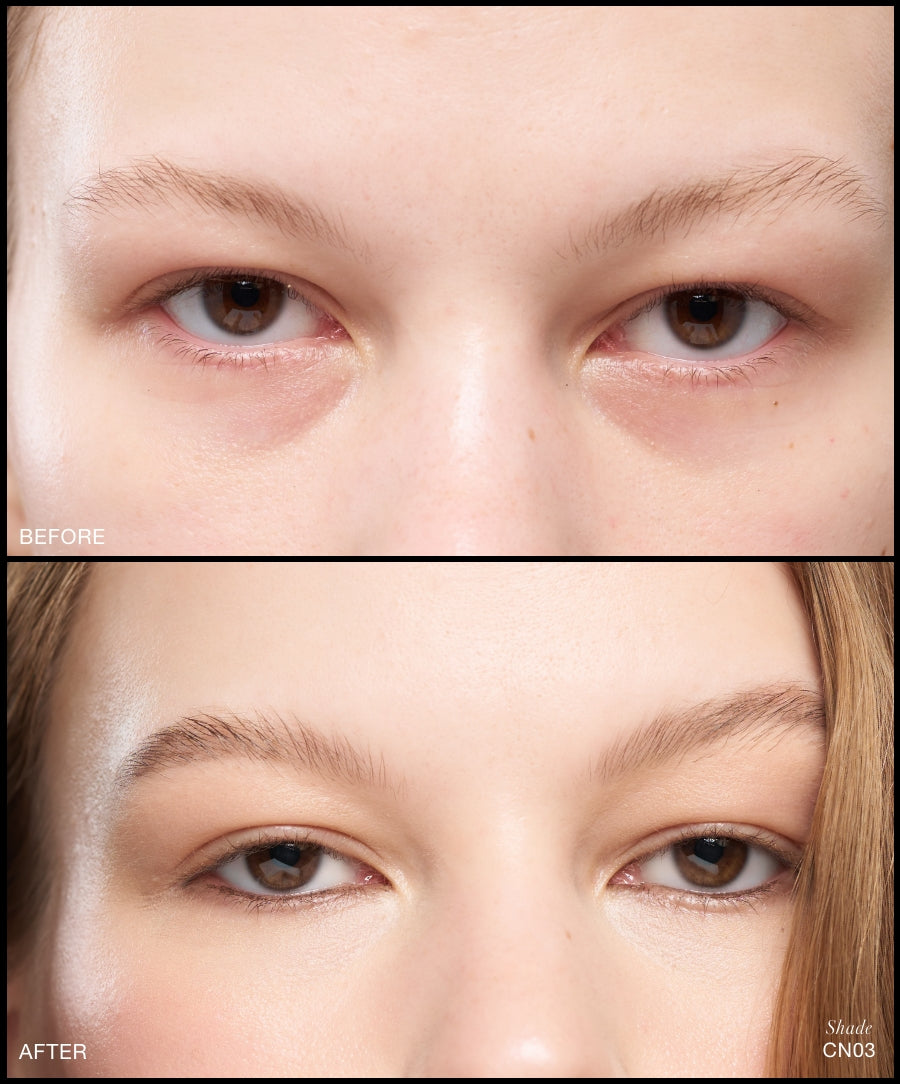 Close-up before and after comparison of a woman's eyes showing reduced under-eye dark circles and brighter skin tone using Revitalize Hydra Concealer in shade CN03, highlighting clean beauty and natural ingredients.