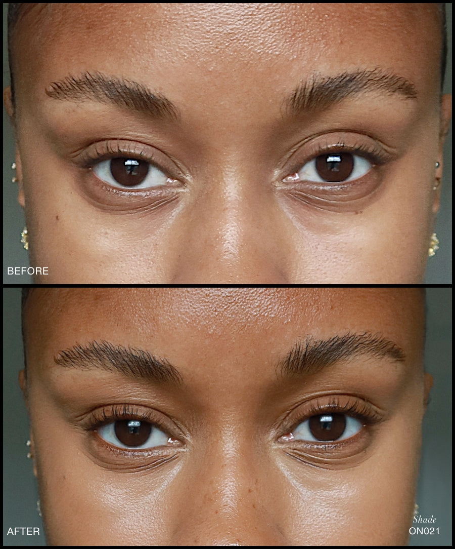 Close-up comparison of a person's eyes before and after applying Revitalize Hydra Concealer in shade ON021, showing smoother skin and reduced under-eye discoloration with natural finish.