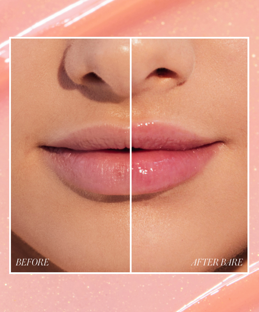 Close-up of lips showing a before and after comparison using Liplights Cream Lip Gloss, highlighting a natural glossy finish with clean beauty and skincare infused makeup benefits.