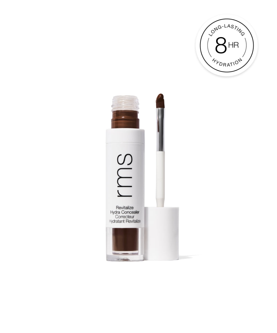 Revitalize Hydra Concealer in a sleek white tube with applicator, featuring rich brown shade and highlighting 8-hour long-lasting hydration for clean, skincare-infused makeup.
