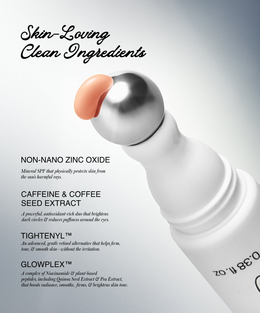Close-up of a skincare product with a metallic rollerball applicator and peach-colored cream, highlighting clean ingredients like non-nano zinc oxide, caffeine, coffee seed extract, Tightenyl™, and Glowplex™ in ReFresh Eye Brightener Broad Spectrum SPF 30 + Correcting Tint.