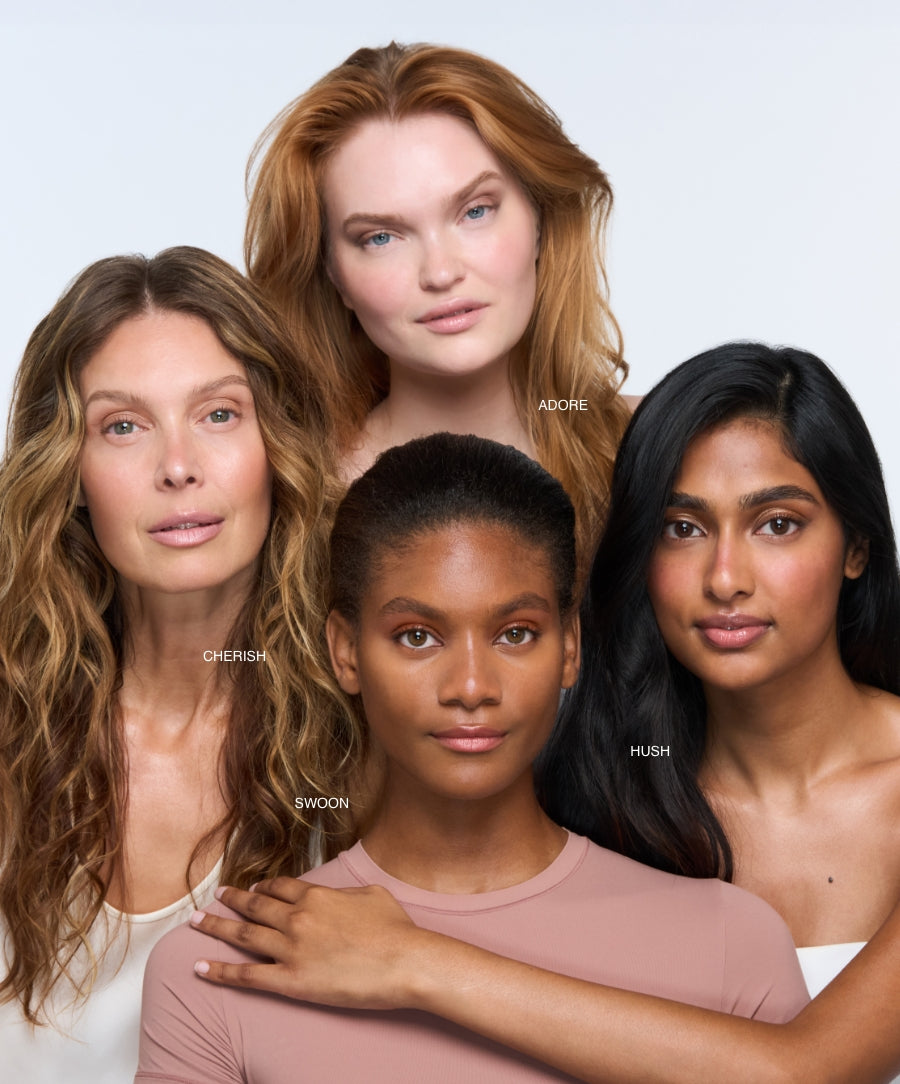 Four diverse women with natural makeup showcase different skin tones and the effect of ReFresh Eye Brightener Broad Spectrum SPF 30 + Correcting Tint in a clean beauty, dermatologist tested setting.
