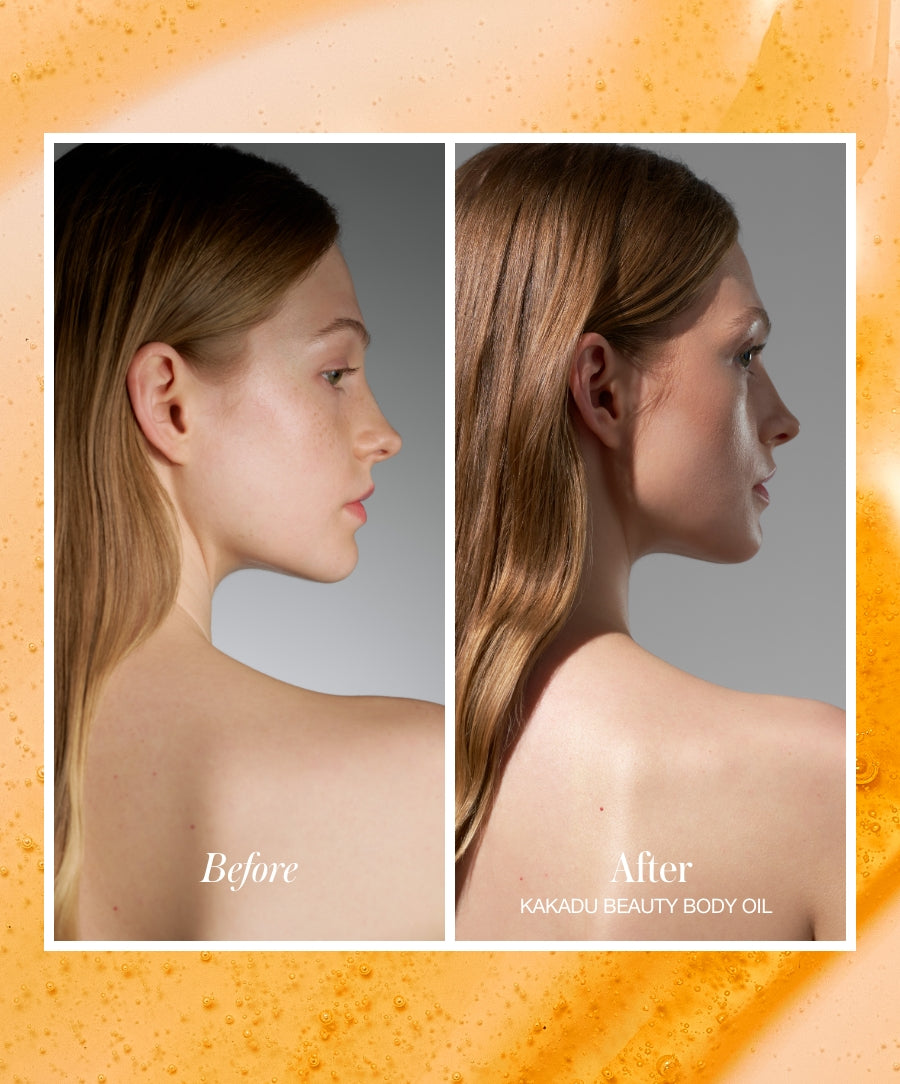 Before and after side profile of a woman showing improved skin radiance and glow on her shoulder and neck area using The Radiant Body Duo with Kakadu beauty body oil.