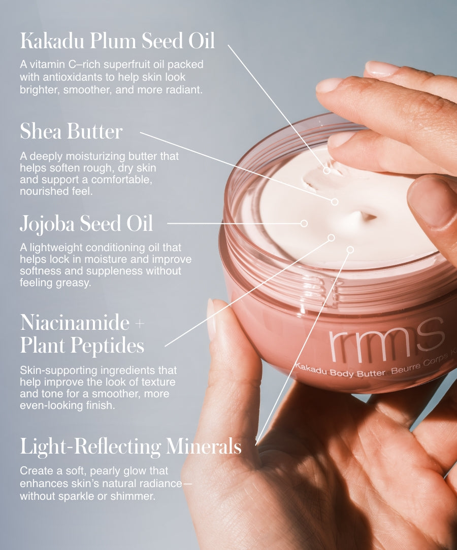 Close-up of a hand scooping creamy body butter from a jar with labeled ingredients including Kakadu Plum Seed Oil, Shea Butter, Jojoba Seed Oil, Niacinamide with Plant Peptides, and Light-Reflecting Minerals, promoting clean beauty in The Radiant Body Duo.