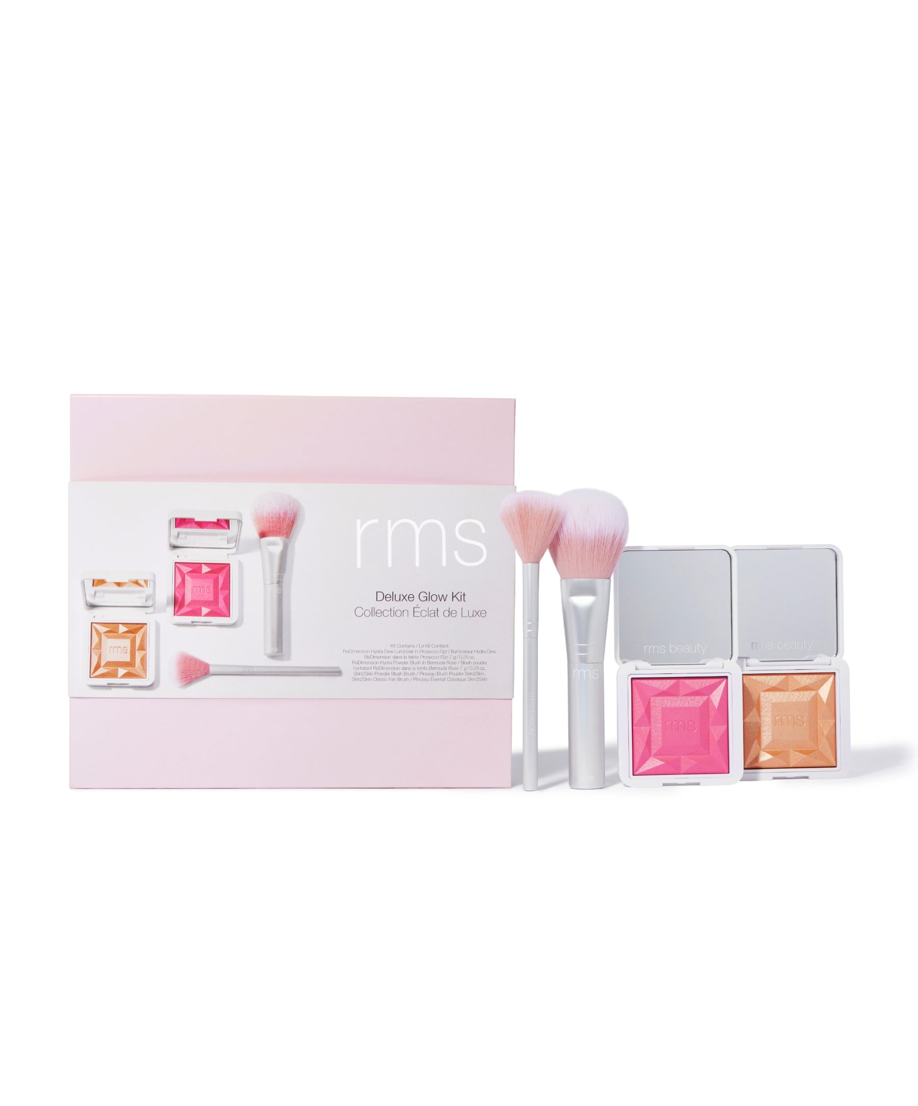RMS Deluxe Glow Kit featuring RMS Skin2Skin Classic Fan Brush, Skin2Skin Powder Blush Brush, ReDimension Hydra Powder Blush in the exclusive shade Bermuda Rose, and ReDimension Hydra Dew Luminizer in shade Prosecco Fizz.