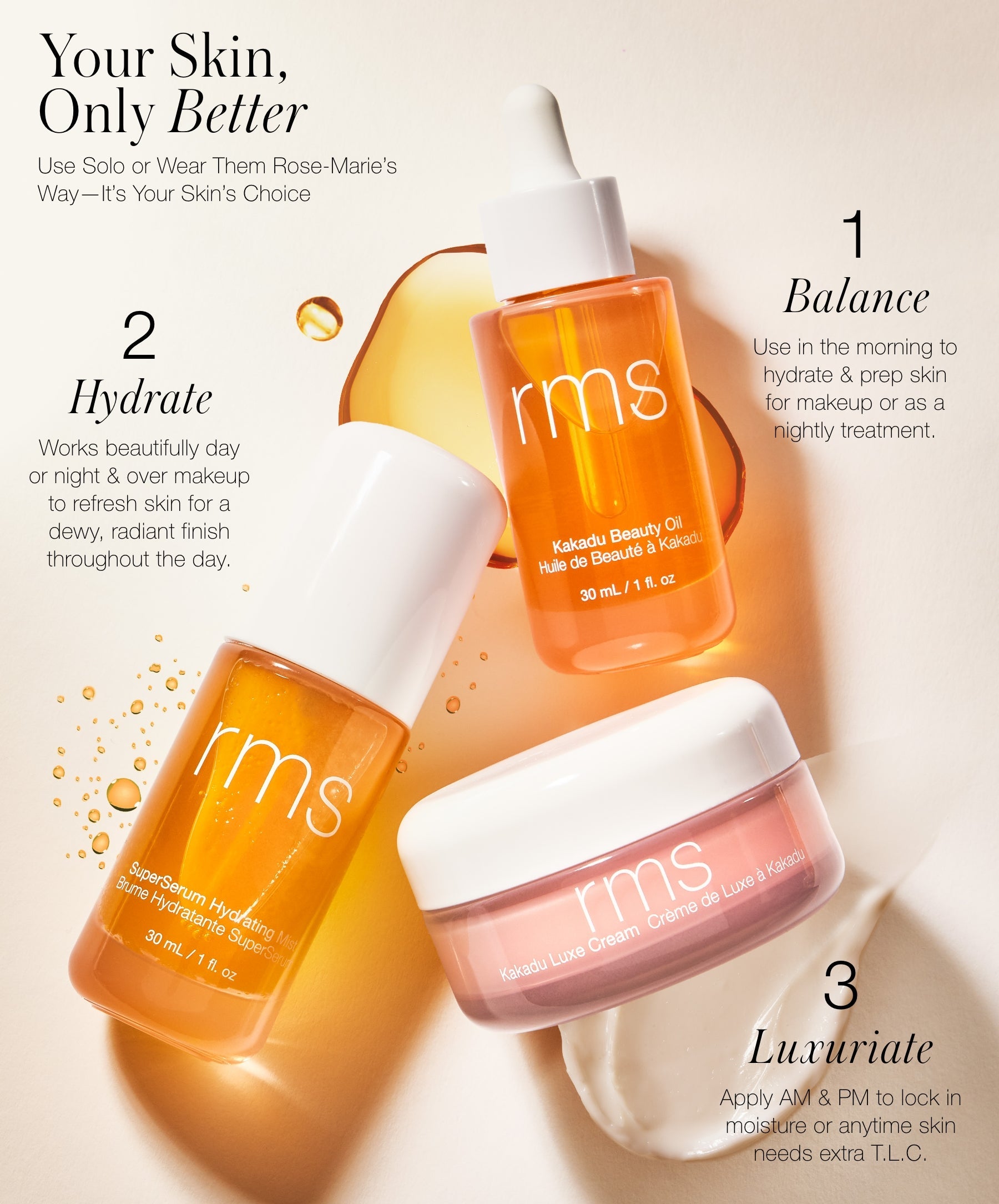 The New Skincare Lineup: full-sized Kakadu Beauty Oil (30 ml / 1 fl. oz ), SuperSerum Hydrating Mist (30 ml / 1 fl. oz ), and Kakadu Luxe Cream (50 ml / 1.7 fl. oz)