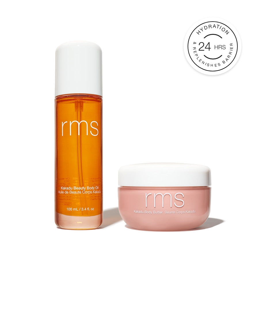 The Radiant Body Duo featuring RMS Beauty's Kakadu Beauty Body Oil in a clear amber bottle with a white cap and Kakadu Body Butter in a soft pink jar, promoting 24-hour hydration and skin barrier replenishment.