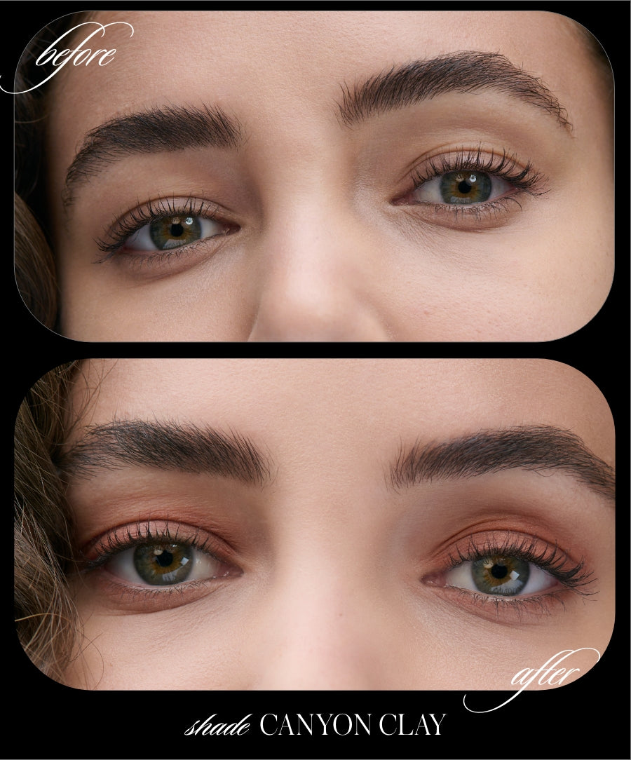 Close-up comparison of eyes before and after applying Cashmere Matte Eyelights in a warm clay shade, showcasing natural makeup enhancement with clean beauty ingredients and cruelty free makeup.