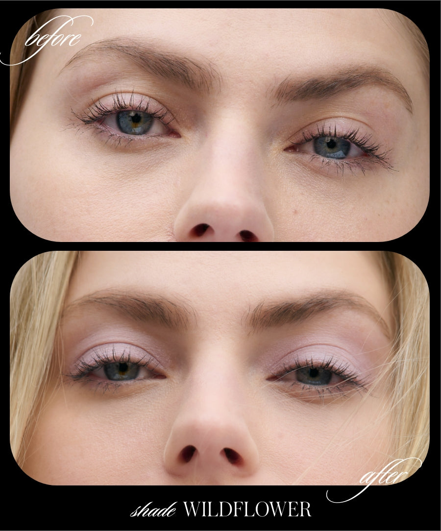 Close-up comparison of eyes before and after applying Cashmere Matte Eyelights in a soft wildflower shade, showcasing a natural matte effect enhancing the eyelids with clean beauty appeal.