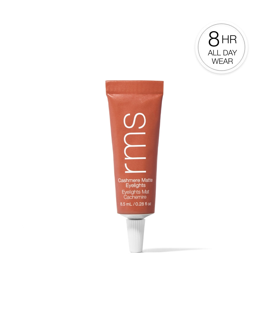 Tube of Cashmere Matte Eyelights in a warm clay shade with clean beauty, cruelty free makeup, and 8-hour all day wear by RMS Beauty.