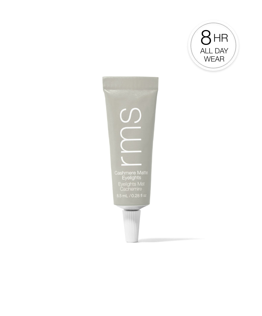 Tube of Cashmere Matte Eyelights in soft muted gray shade by RMS Beauty, offering clean beauty makeup with natural ingredients and 8-hour all-day wear.