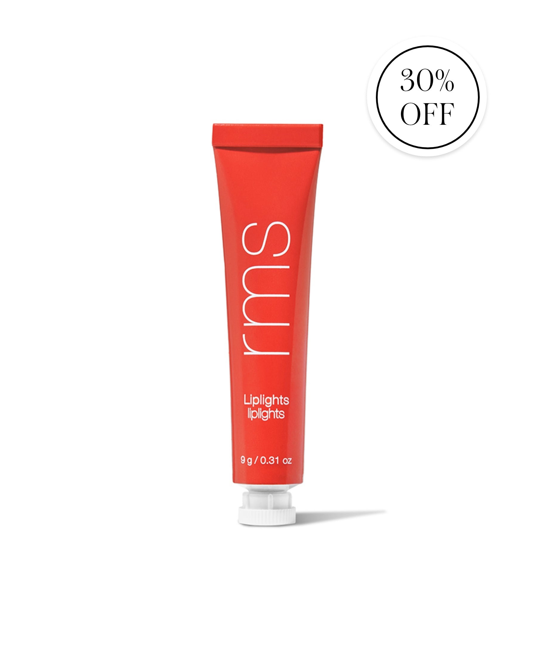 Tube of RMS Beauty Liplights Cream Lip Gloss in bright red packaging with 30 percent off badge on white background, highlighting clean beauty and sustainable makeup.