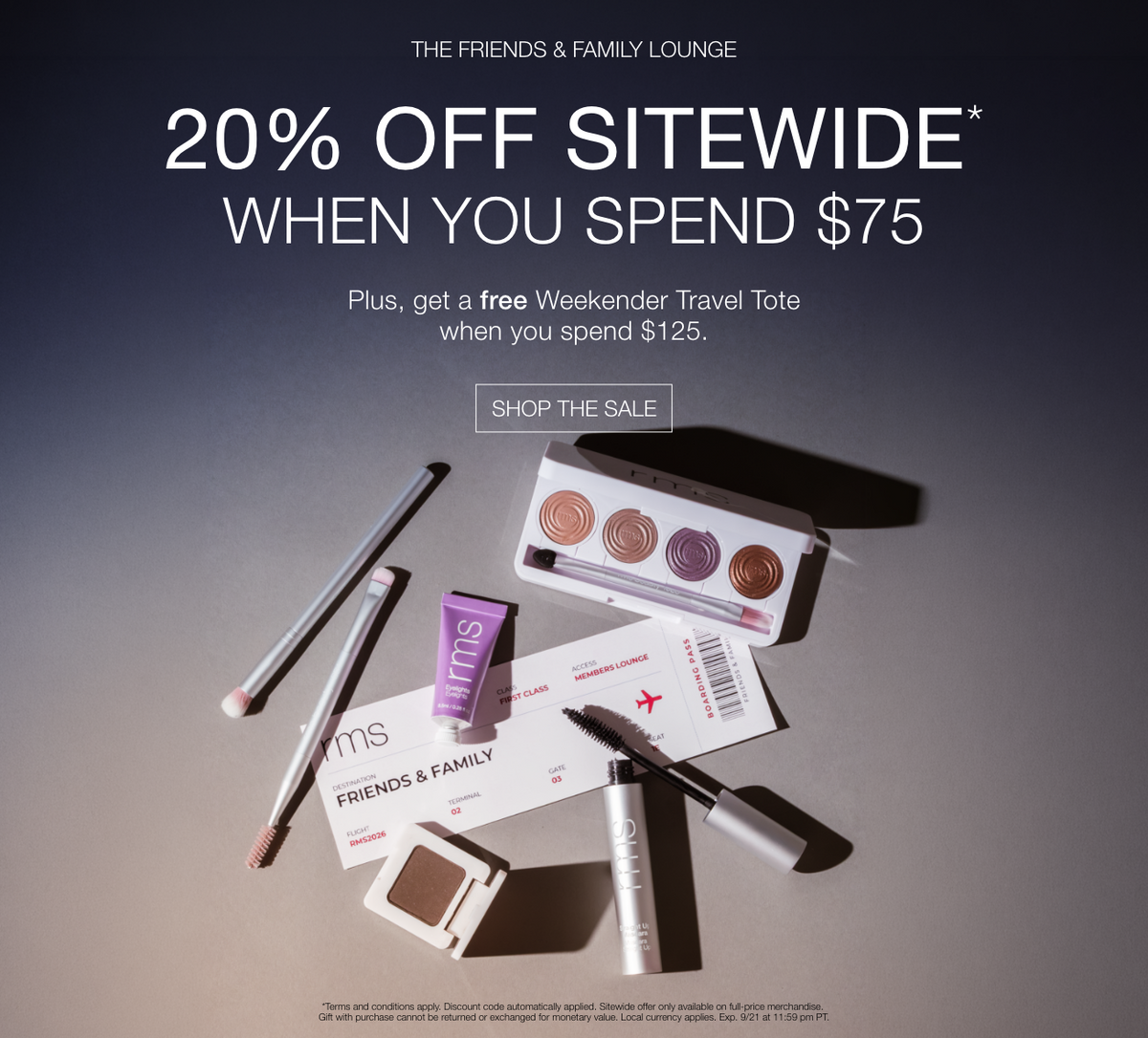 RMS Beauty graphic featuring makeup brushes, an open palette, compact, mascara, and event cards announcing 20 percent off sitewide when spending 75 dollars plus a free weekend travel tote