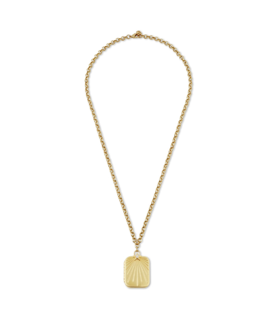 Gold-tone chain necklace featuring a rectangular locket pendant with a sunburst design, elegant and minimalist style, HART x RMS: Lip2Cheek Locket.