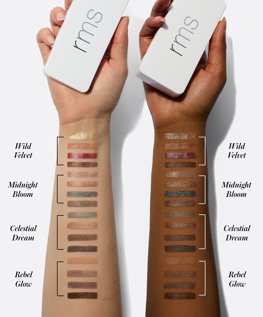 Two arms with different skin tones show swatches of eyeshadow shades from the ReDimension Hydra Eyes Quartet palette, held with white RMS Beauty cases above each wrist.