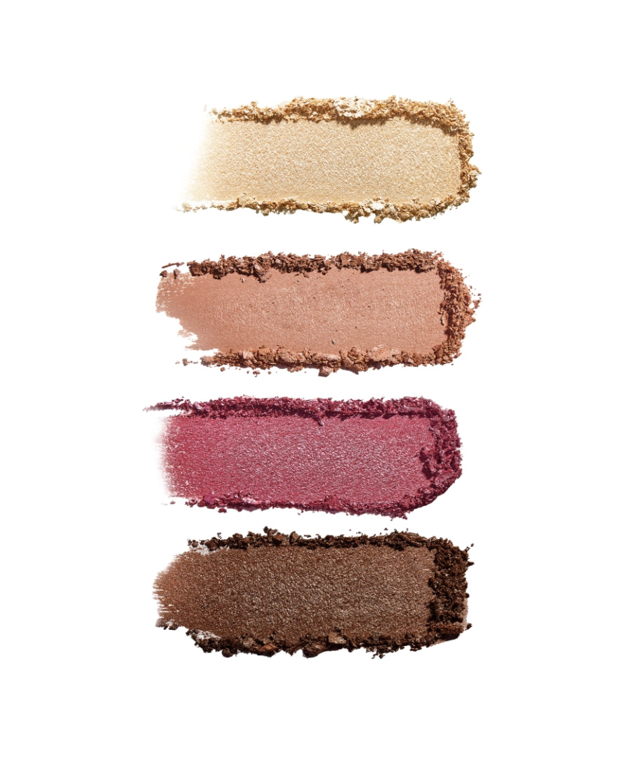 Four crushed eyeshadow shades in neutral beige, soft peach, deep berry, and rich brown tones showcasing the ReDimension Hydra Eyes Quartet with clean beauty and skincare infused makeup.