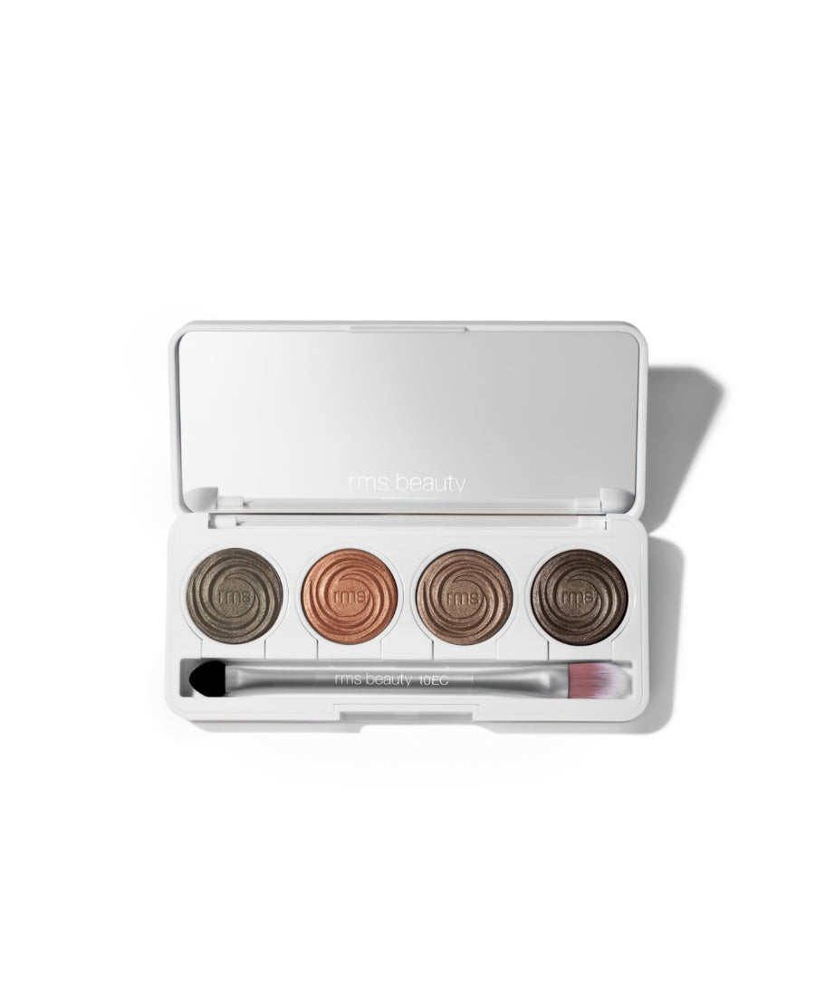 ReDimension Hydra Eyes Quartet eyeshadow palette featuring four neutral and warm shades with a dual-ended brush in a sleek white case, showcasing clean beauty makeup.