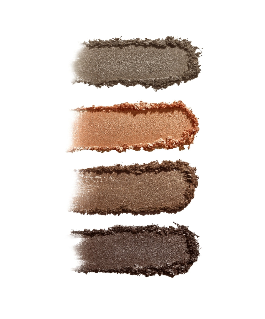 Four textured eyeshadow swatches in neutral and warm tones showcasing the ReDimension Hydra Eyes Quartet, highlighting clean beauty and natural ingredients.