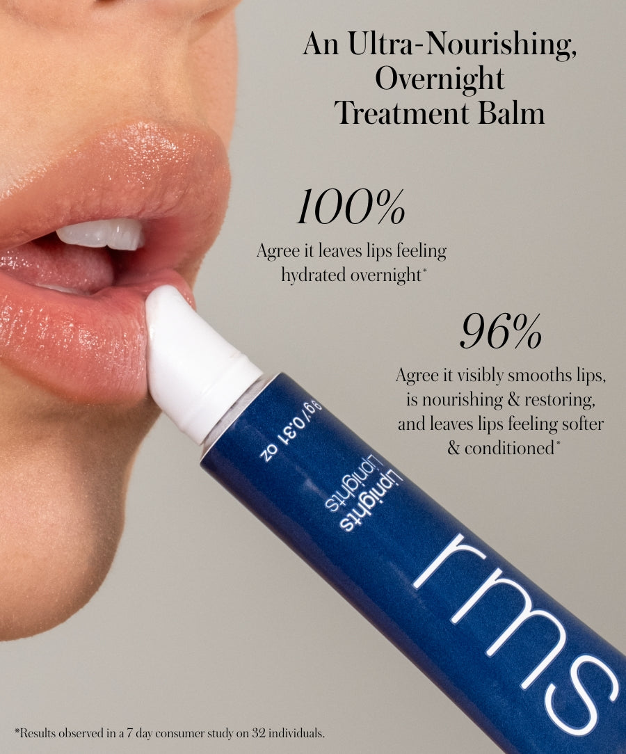 Close-up of a person applying Lipnights Overnight Lip Mask from a navy blue tube, highlighting its ultra-nourishing, hydrating, and smoothing benefits for lips overnight.